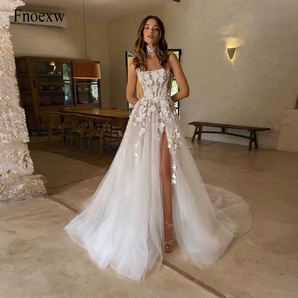 

Fnoexw Boho Spaghetti Straps Beach Wedding Dresses Tulle Lace Appliques High Leg Slit Bridal Dresses Illusion Vestido De Novia