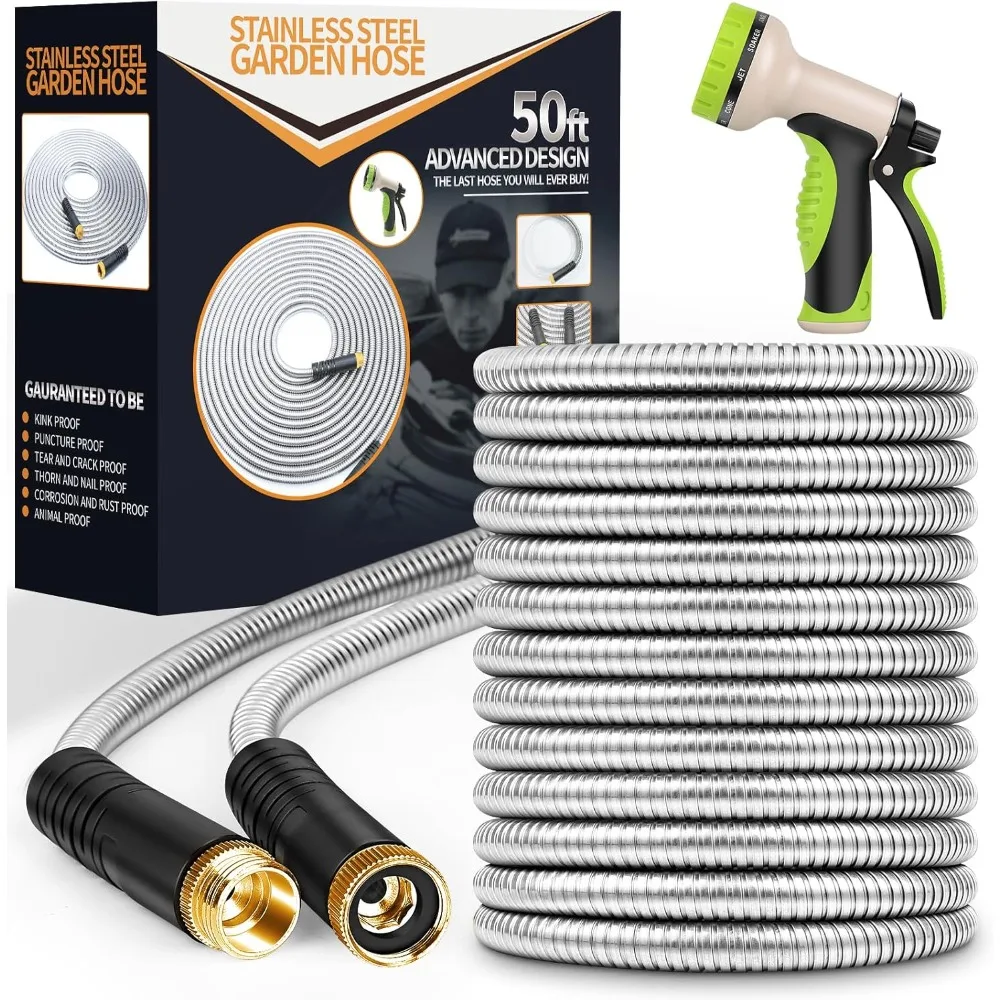 

Garden Hose 50ft, Stainless Steel Heavy Duty Water Hose with 10 Function Nozzle Flexible, Lightweight, No-Kink, Pet Proof