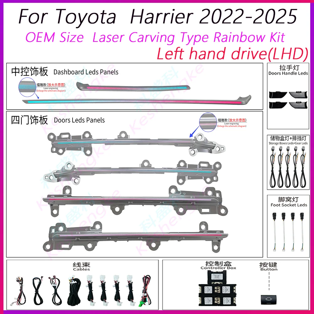 

LED Car Inner Ambient Lamp For Toyota Harrier 2022-2025 Model Year OEM Size Laser Carving Type Rainbow Kit Ambient Light