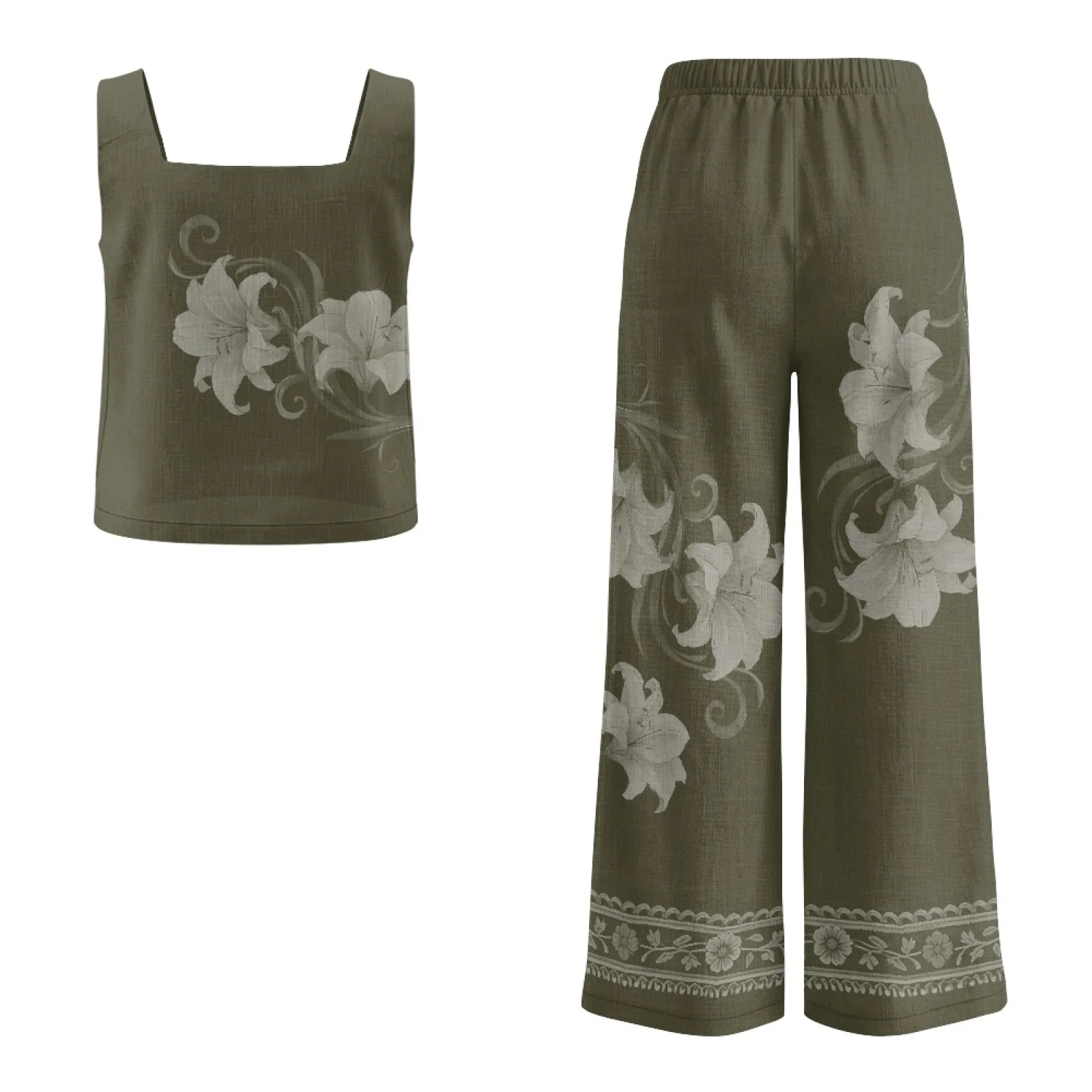 INSTANTARTS Women’s Linen Vest Set Women’s Wide-leg Trousers Lightweight Breathable Soft Comfortable Quick-dry Outfits Flower view 5