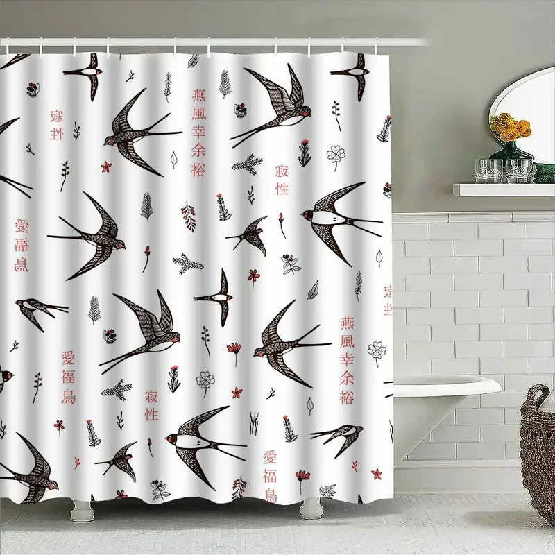 

Black White Swallow Birds Shower Curtain for Bathroom Decor Floral Design Printed Waterproof Home Decoration in Bath Curtains