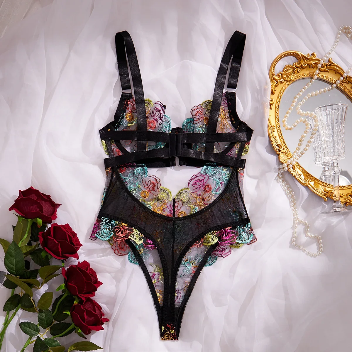 Sexy Floral Embroidered Lace Gather One-piece Jumpsuit French Style Fashion Women's Sexy Lingerie Set Female Bodysuit Underwear