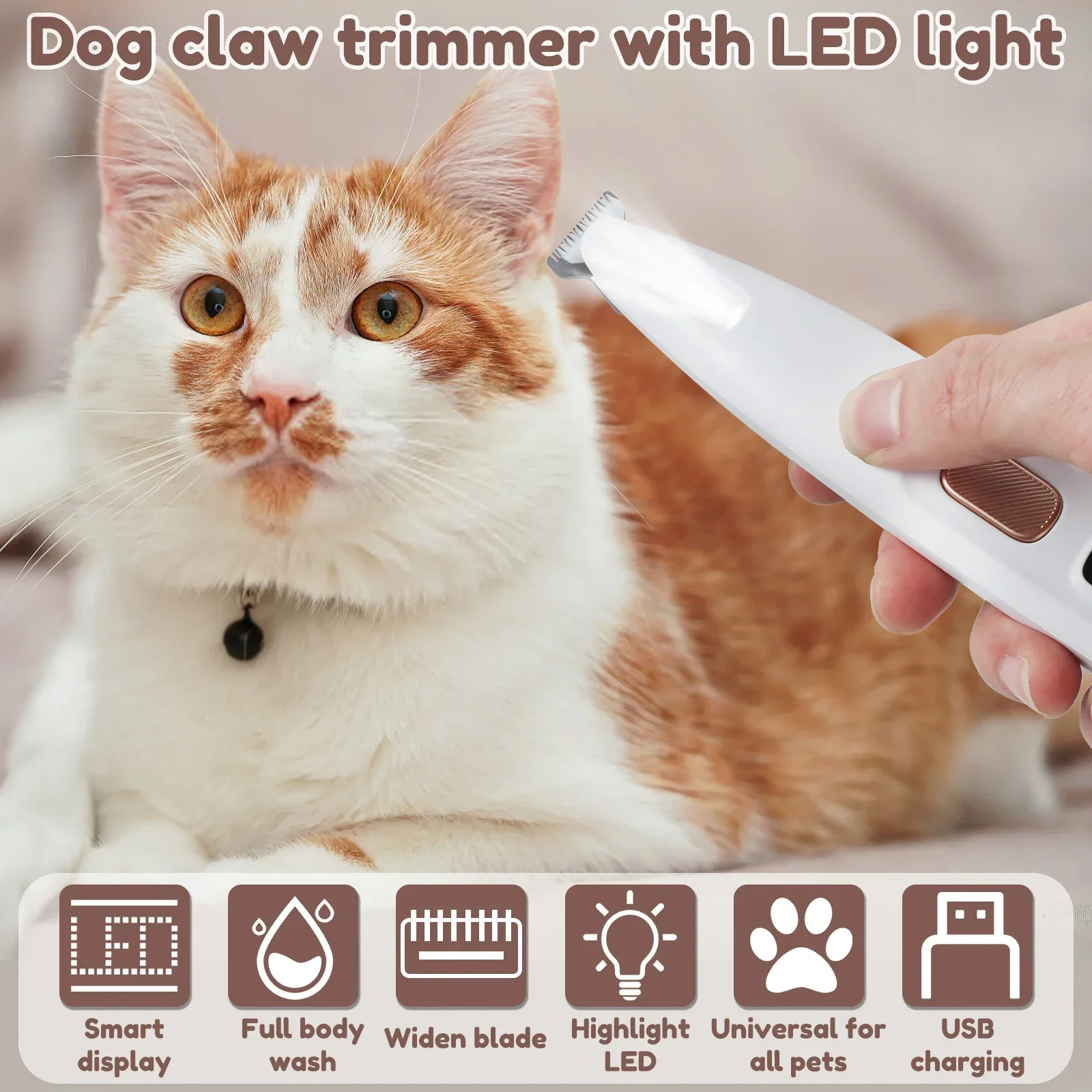 Totalmente impermeável Pet aparador de pêlos com luz LED, Clippers pata para grooming, lâmina de largura 18mm, novo