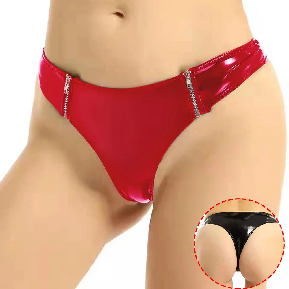 Women Leather Zipper Briefs Lingerie Underwear Low Waist Pole Dance Costume Wet Look Leather Panties Stage Performance Costumes