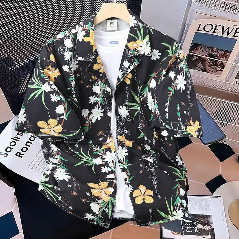 

Cuban Collar Floral Print Shirts for Men and Women Loose Hong Kong-style Design Short-sleeved Beach Shirts for Romantic Couples