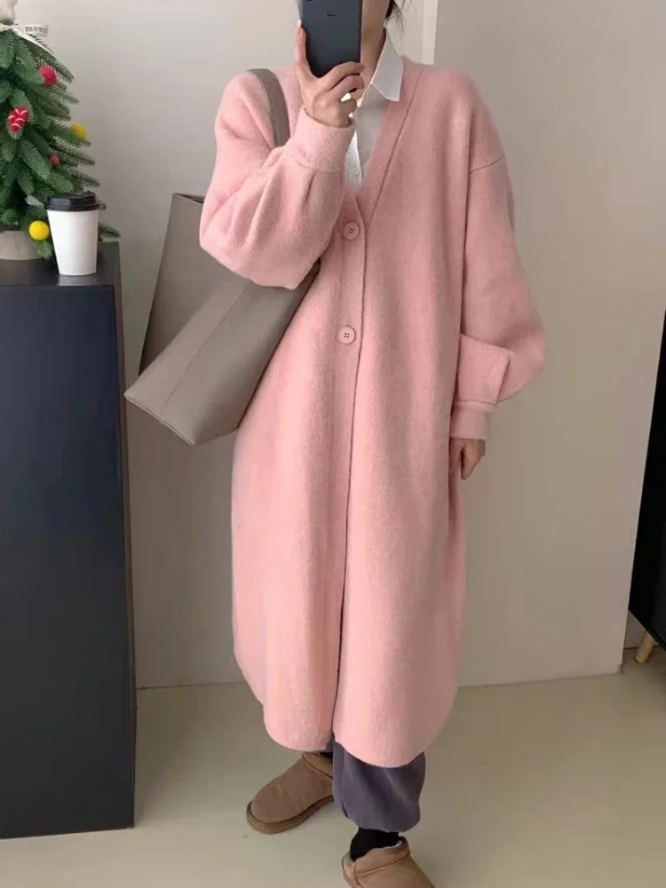 

Pink Cardigan Sweater Coats Korean Fashion Autumn Winter Loose Single Breasted Knitted Cardigan Elegant Warm Soft Long Coat Tops