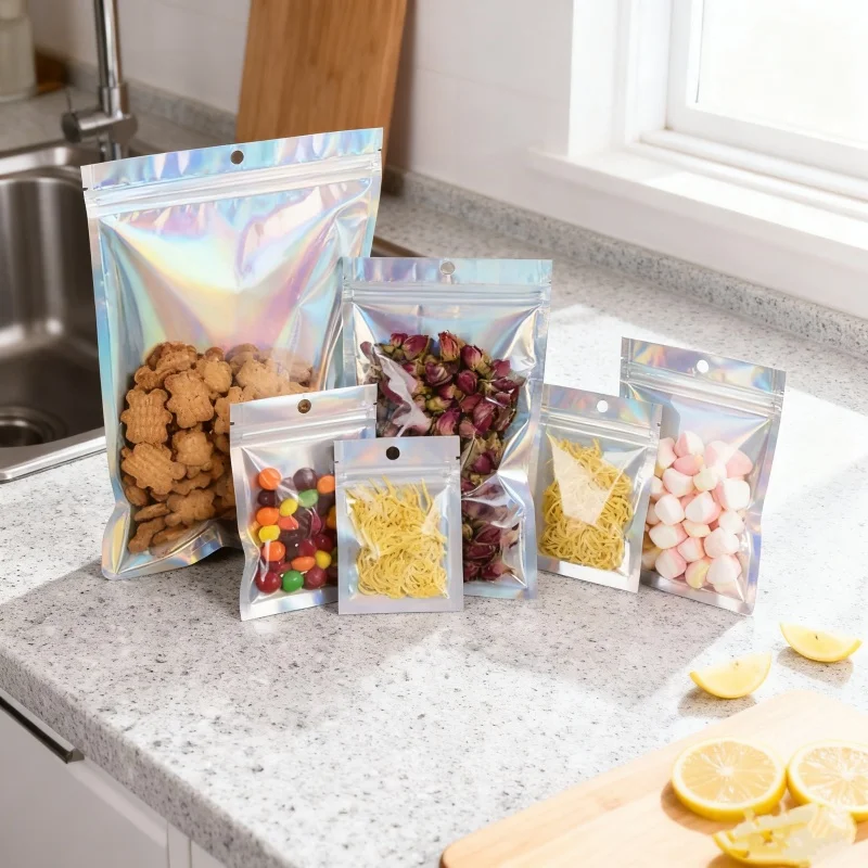 

Clear Front Laser Ziplock Packaging Flat Bag DIY Cocoa Matcha Snack Sugar Nail Stickers Candy Gifts Storage Hanging Pouches