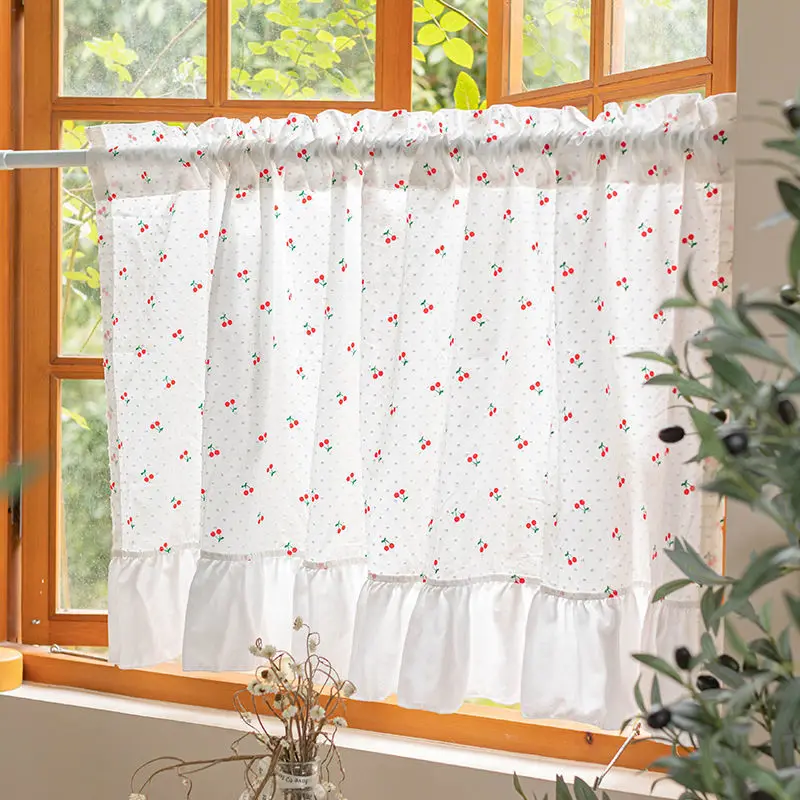 Pastoral Strawberry Printed Short Curtains for Kitchen and Bathroom Door, White Yarn Sheer Curtain, Finished Window Valance