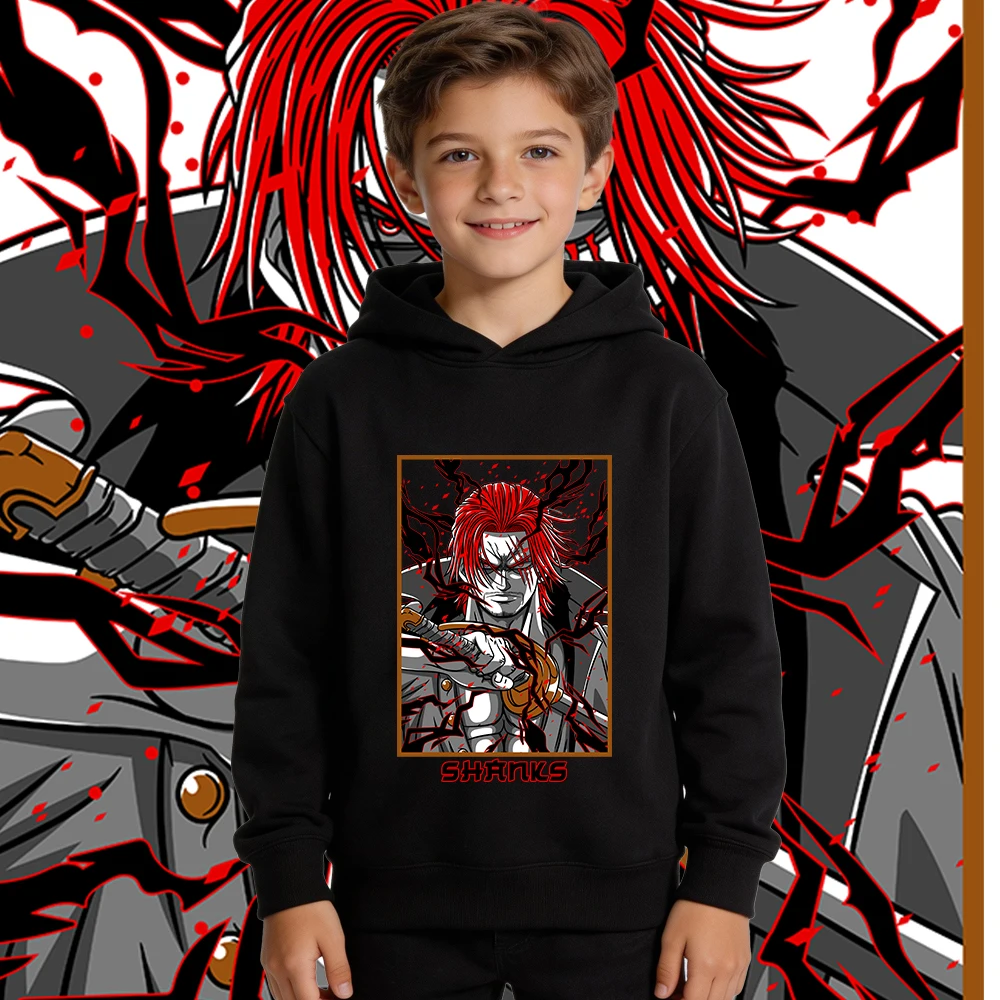 One Piece Shanks Anime Print Hoodie für Jungen und Mädchen, Herbst und Winter, warm, mit Fleece gefüttert, Kinder-Kapuzenpullover, lässiger Pullover