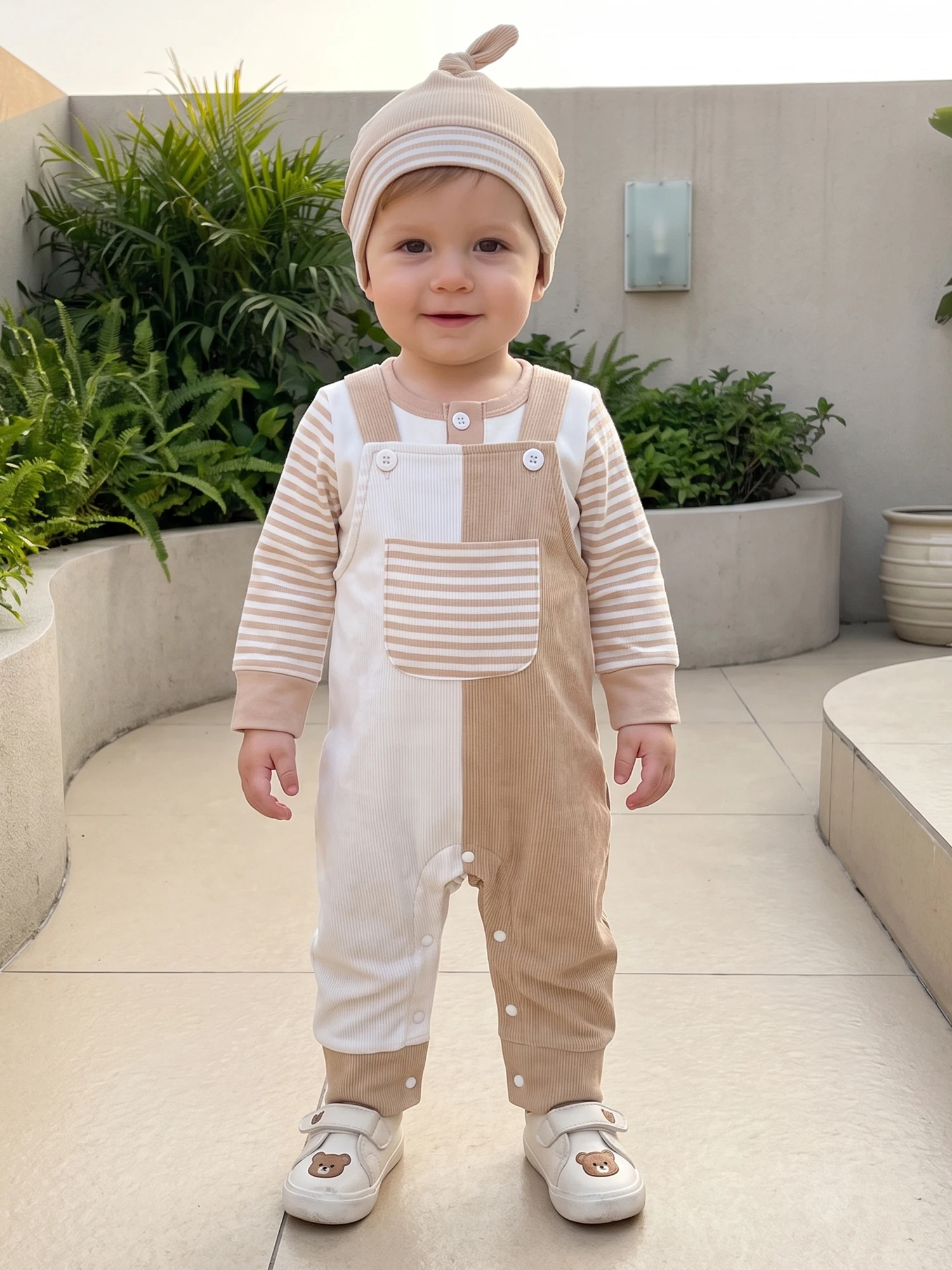 Front With Hat Overalls Outfit-Striped Fall Outfit Pockets Overalls With Baby Baby Boy Lightweight