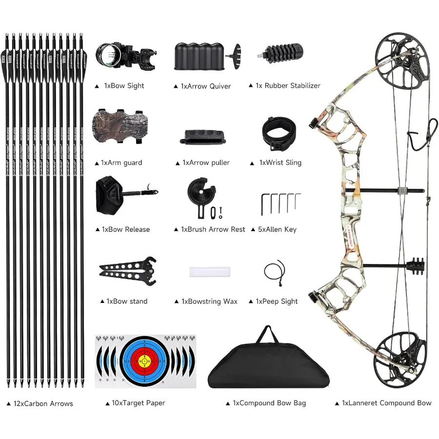 Lanneret P2 Compoundbogen-Paket, vollständig verstellbar, für Jugendliche, 22,530, Zuglänge, 1050 Pfund Zuggewicht, Jagdbogen-Bogenschießen-Set, rechts