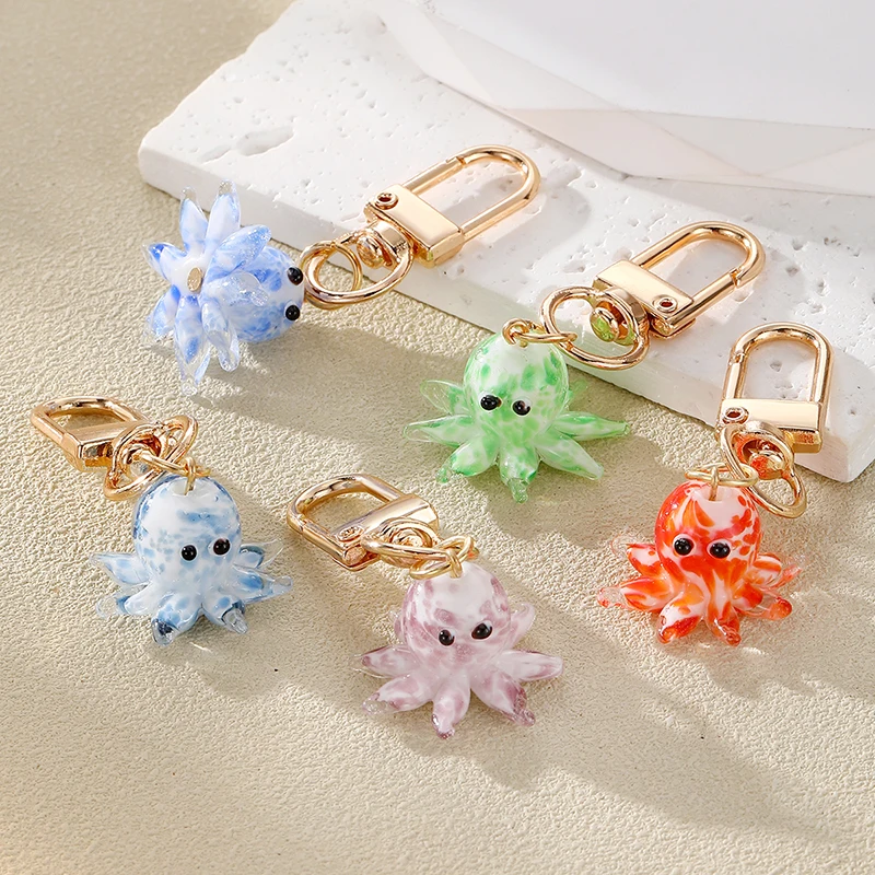 Glass Multicolour Octopus Ocean Animal Keychains For Women Men Kawaii Creative 3D Marine Organism Pendant Bag Box Car Key Ring