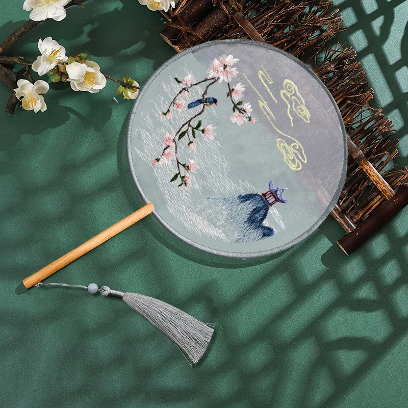 Ancient Palace Classical Embroidery Chinese Style Long And Short Handled Round Shaped Embroidered Fan, Hanfu Dance Fan