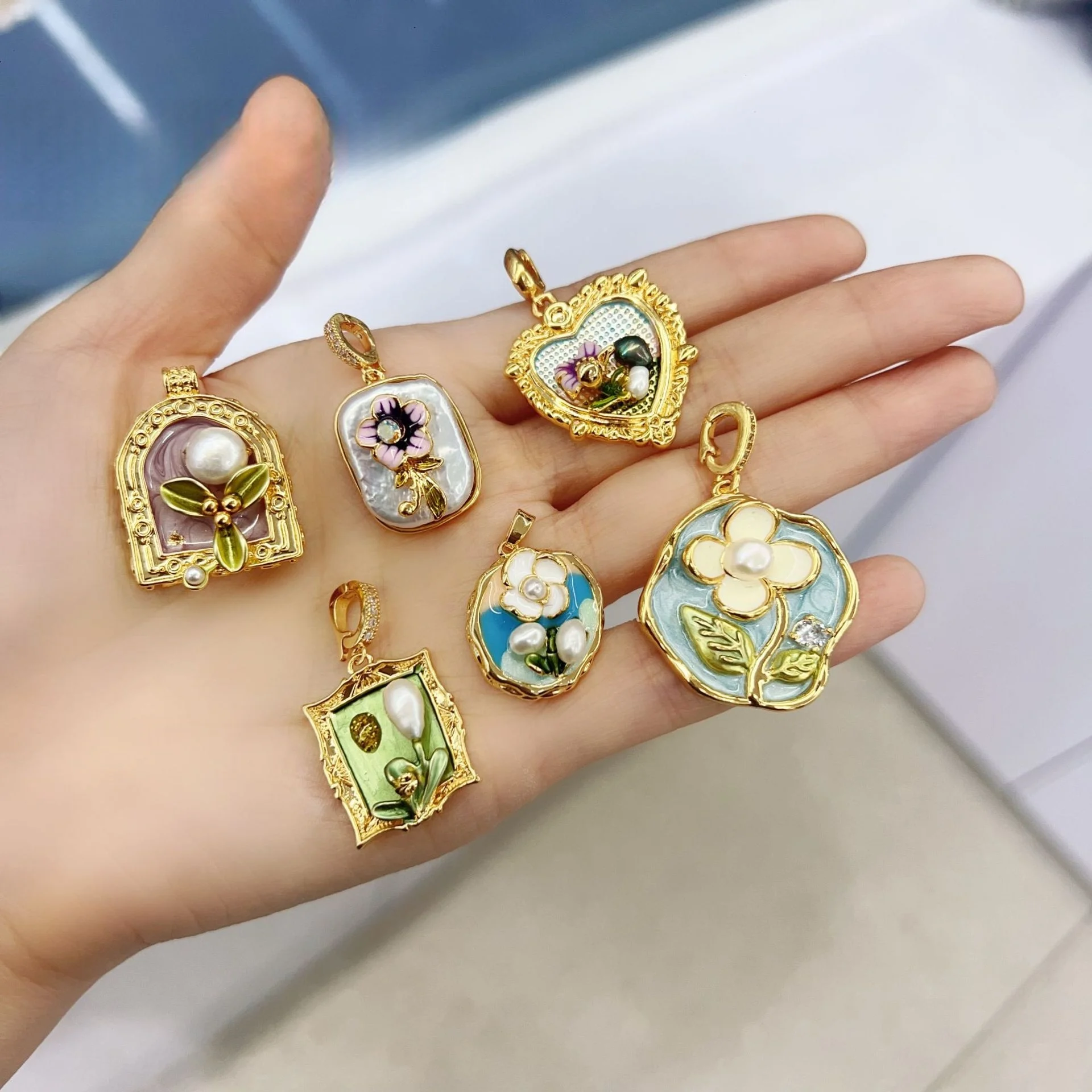 1pcs Pearl Necklace Pendant Natural Freshwater Pearl Seiko Oil Drop Rose Oil Painting Style DIY Jewelry Accessories Wholesales