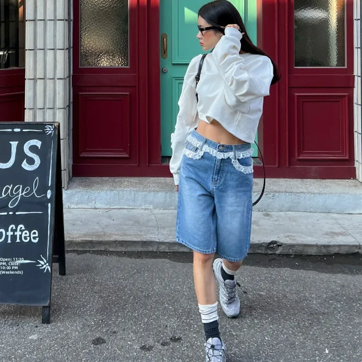 Denim jeans met retro getailleerde kanten rand Dames losse rechte snit Agel Veelzijdige vijfkwart middenbroek Hoge taille Lente zomer