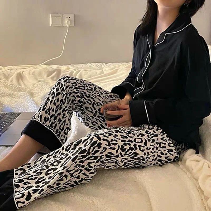 Spring and Summer New Korean Version of the Ladies Pajamas Homewear Black Leopard Cardigan Autumn and Winter Homewear Thin Suit