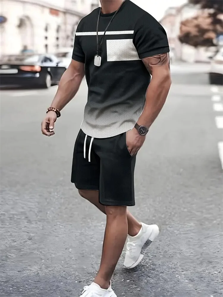 Boutique Men's Summer Casual Sports Short Suit Simple Splicing Printed Round Neck T Shirt Drawstring Pocket Shorts Suit