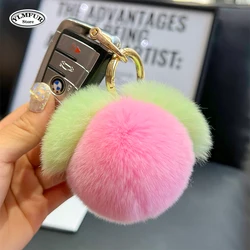Real Rabbit Hair Mini Cute Furry Peach Keychain Keychains Women Plush Rex Rabbit Fur Car Key Chain Bag Decoration Pendant Gift