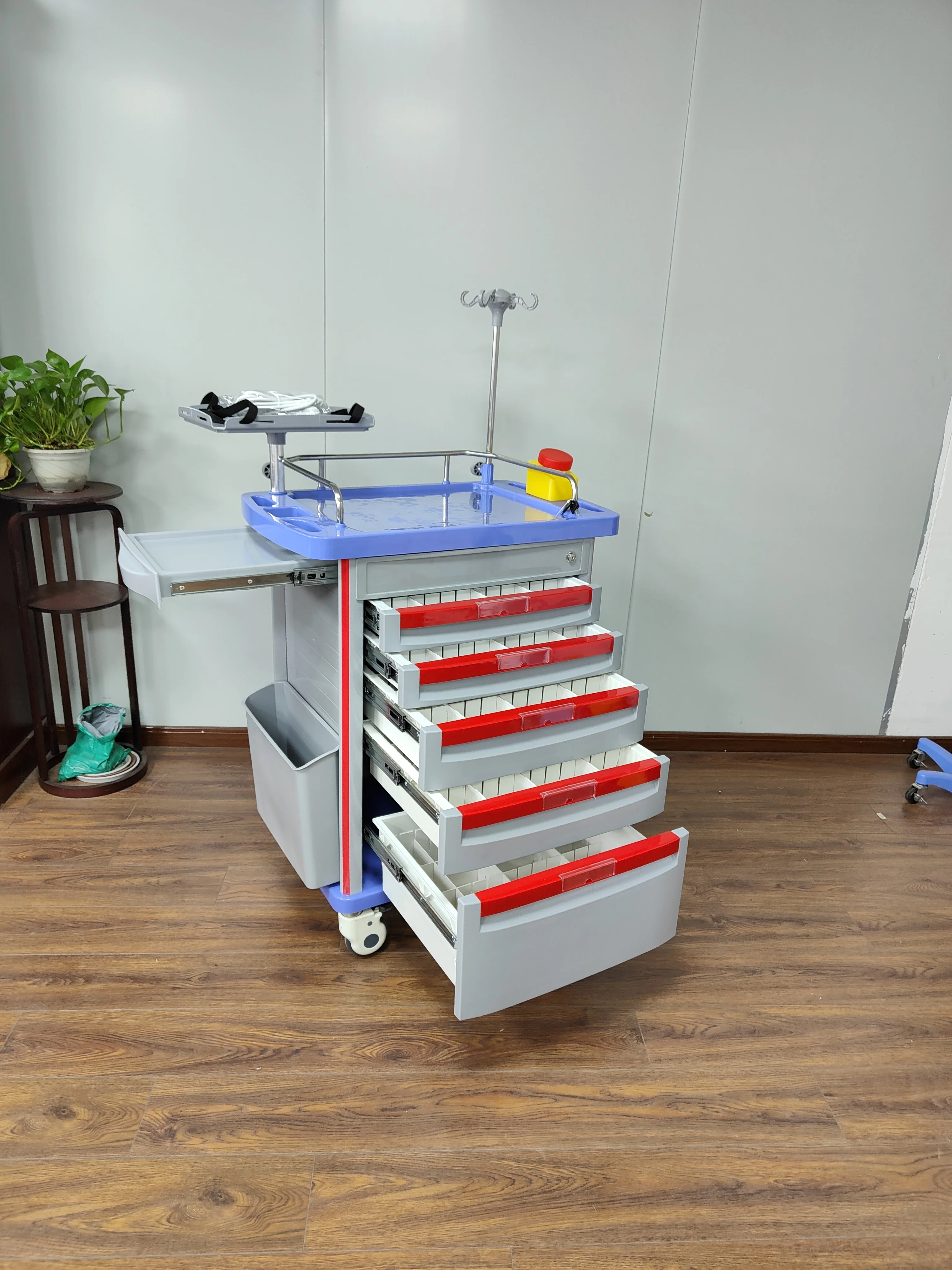 Hospital Abs Plastic Medicine Crash Cart Emergency Trolley Medical Emergency Cart Trolley with IV Pole