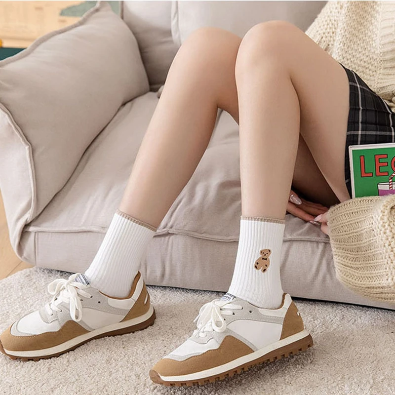 Maillard Color Series Children's Mid-Tube Socks Autumn Fashion New Solid Color Casual Socks Cute Cartoon Bear Knitted Socks