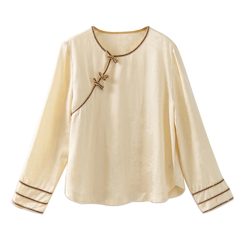 

Women's round Ne Long Sve Inner Wear Top Champagne Color Silk Linen Knot irt Autumn Season Faionable Casua...