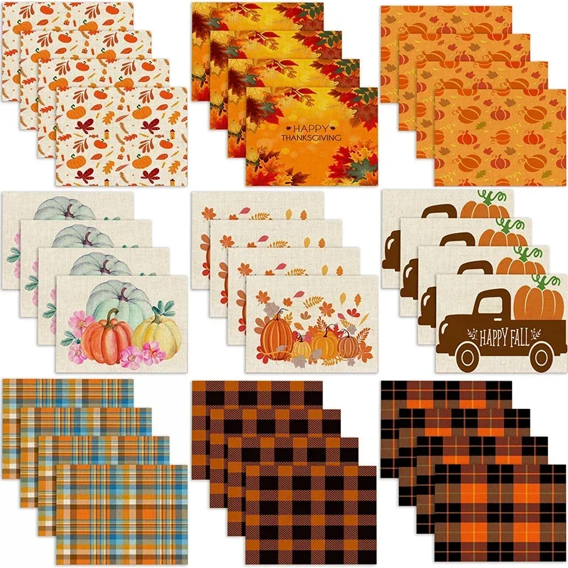 Happy Thanksgiving with Falling Leaves Placemats Autumn Holiday Decoration for Dining Table Easy To Clean Kitchen Table Mats