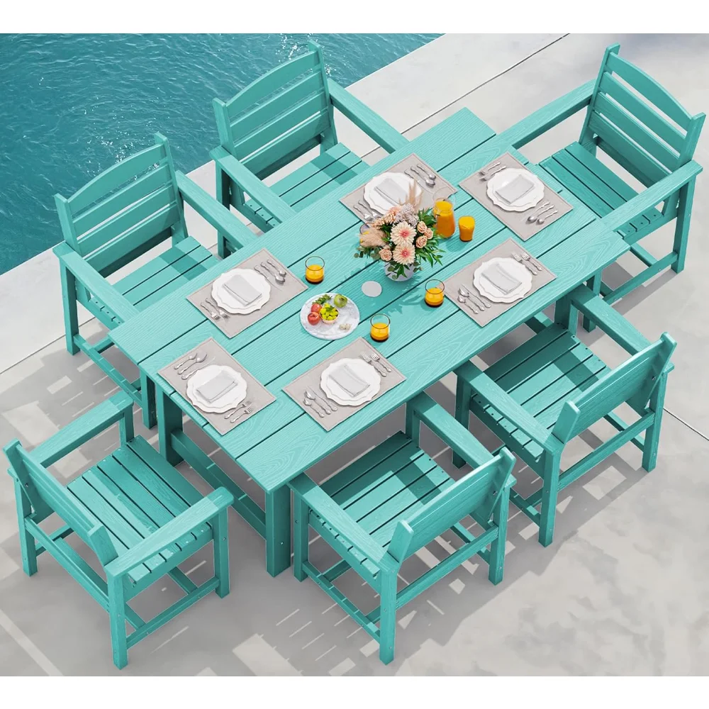 

7-Piece Patio Table Set, Outdoor HDPE Dining Furniture with Umbrella Hole, All Weather Table and Chairs