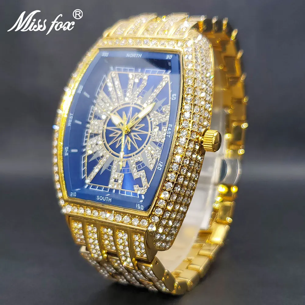 New Blue Quartz Men’s Watch Gold Full Zircon Diamond Luxury Watches For Big Wrist Male 3 Bar Waterproof Hand Clock Dropshipping