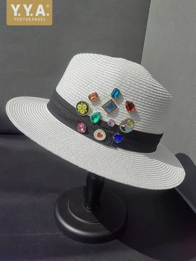 

Designer Women Colorful Diamonds Flap Top Straw Hat Summer Breathable Wide Brim Fedoras Sun Protection Holiday Beach Cap