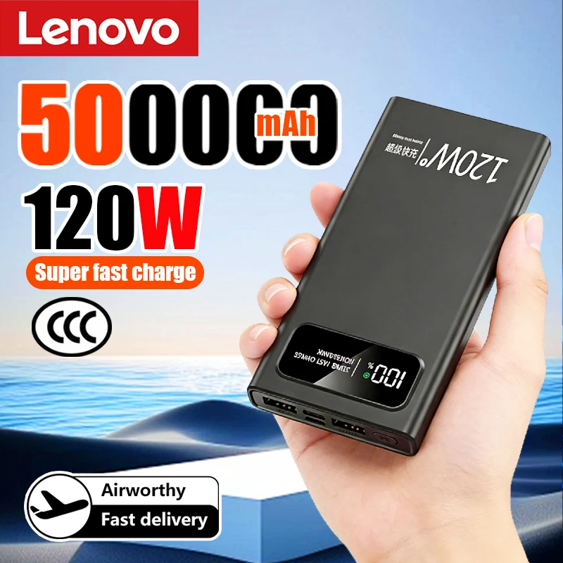

Внешний аккумулятор Lenovo 120W Super Fast Charging Power Bank 500000 мАч, сверхбольшой емкости, портативный, для iPhone, Samsung, Huawei, новинка 2026 года