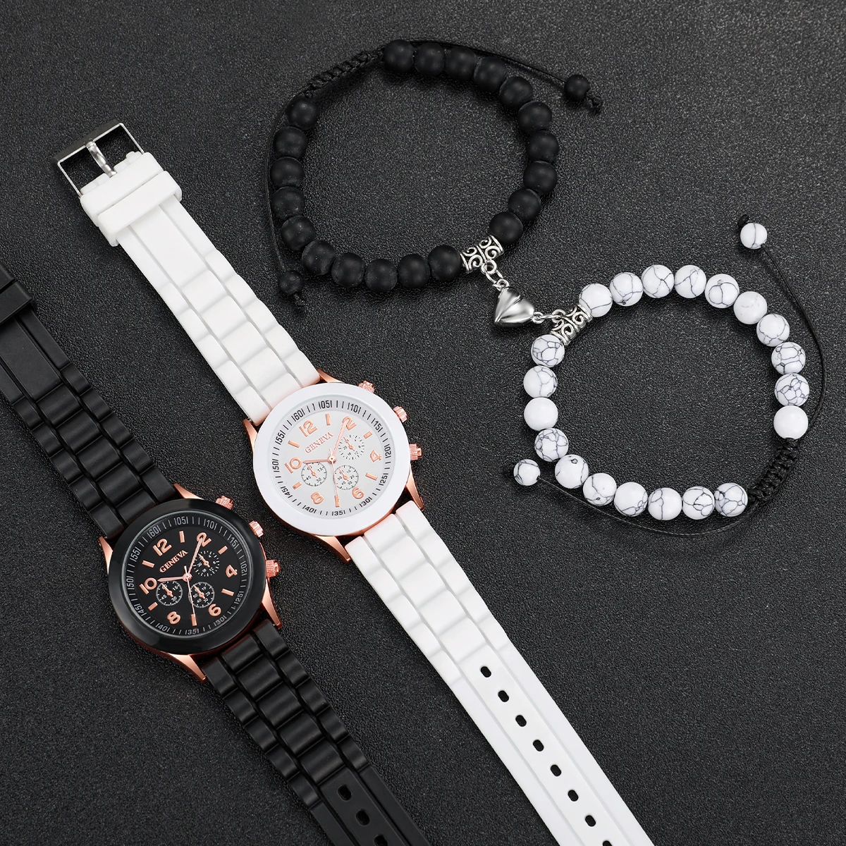 4PCS/Set Geneva Couple Watch Fashion Silicone Band Quartz Wrist Watches Magnetic Heart Beads Bracelets Set