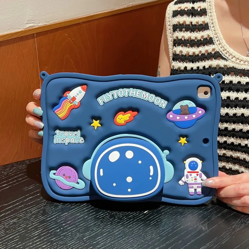 For IPad Air Mini 2 3 4 5 6 7 10.9 Pro 11 9 8 7th10.2 10.5 Gen Child 3D astronaut Silicone bracket Tablet  cute  Protectivecover