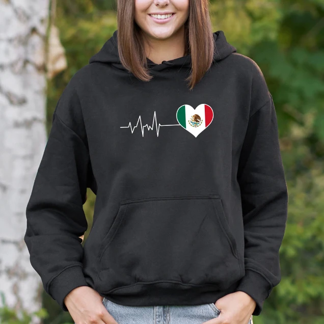 

Mexico Flag Love Printing Hoodies Womens Street Loose Hooded Basics Sporty Sweatshirts Winter Fleece Warm Womans Streetwears