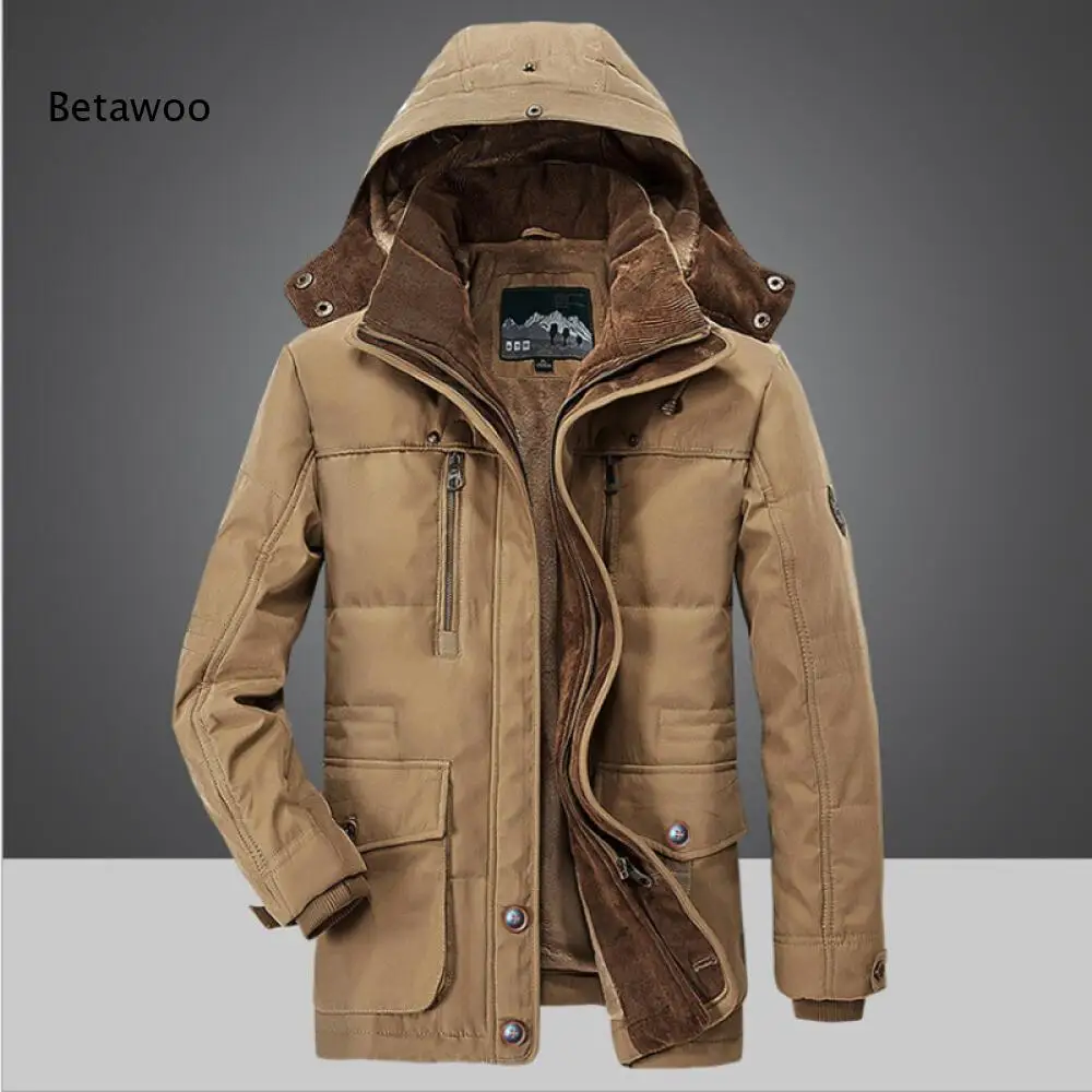 Cold Winter Men Hooded Fleece Lined Parka Coat Zip Button Closure Multi Pockets Warm Outerwear For Daily Casual Activities