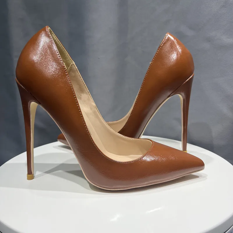 Basic Brown Matt Leather Women Shoes Stiletto High Heels 10Cm Pointy Toe Women Pumps Weddings Party Size 33-45 Shoes Woman