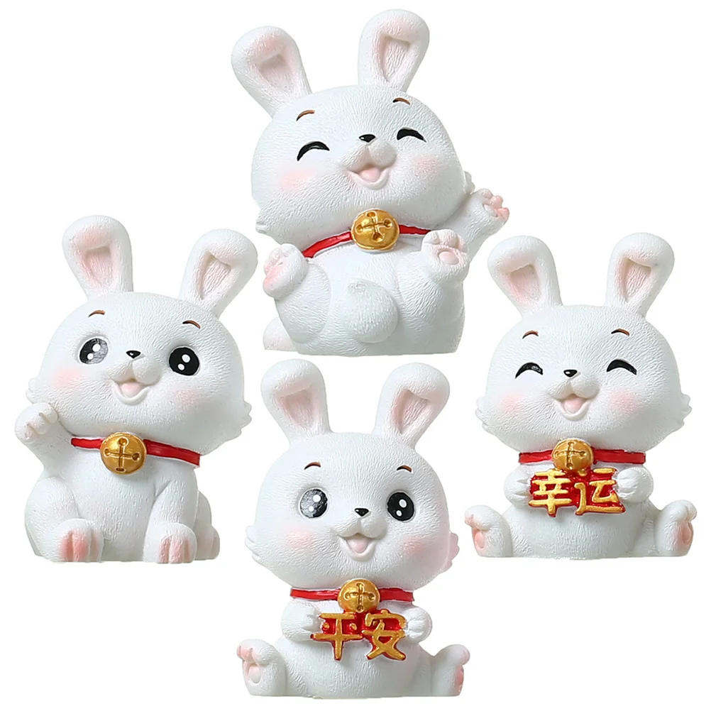 

4pcs Zodiac Rabbit Figurines Resin Bunny Decor Desktop Adorn Tiny Statue Miniature Year of The Rabbit nament Tabletop