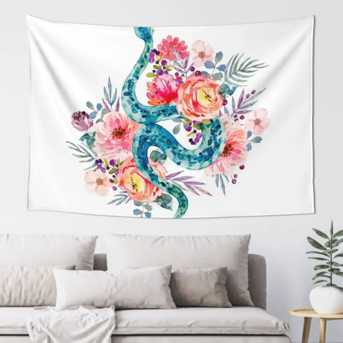 

Blue Watercolor Snake In The Flower Garden Tapestry Aesthetic Room Decoration Wall Hanging Wall Tapestry