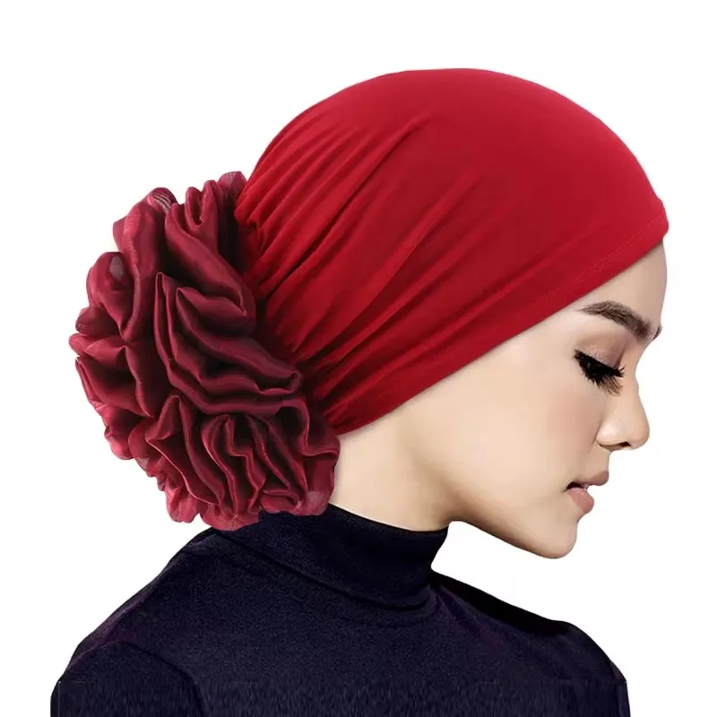 Hijab da donna Turbante Fiore grande Fasce per capelli in tessuto elastico Cappello Beanie Donna Musulmano Solido Perdita di capelli Sciarpa Berretto Accessori per capelli