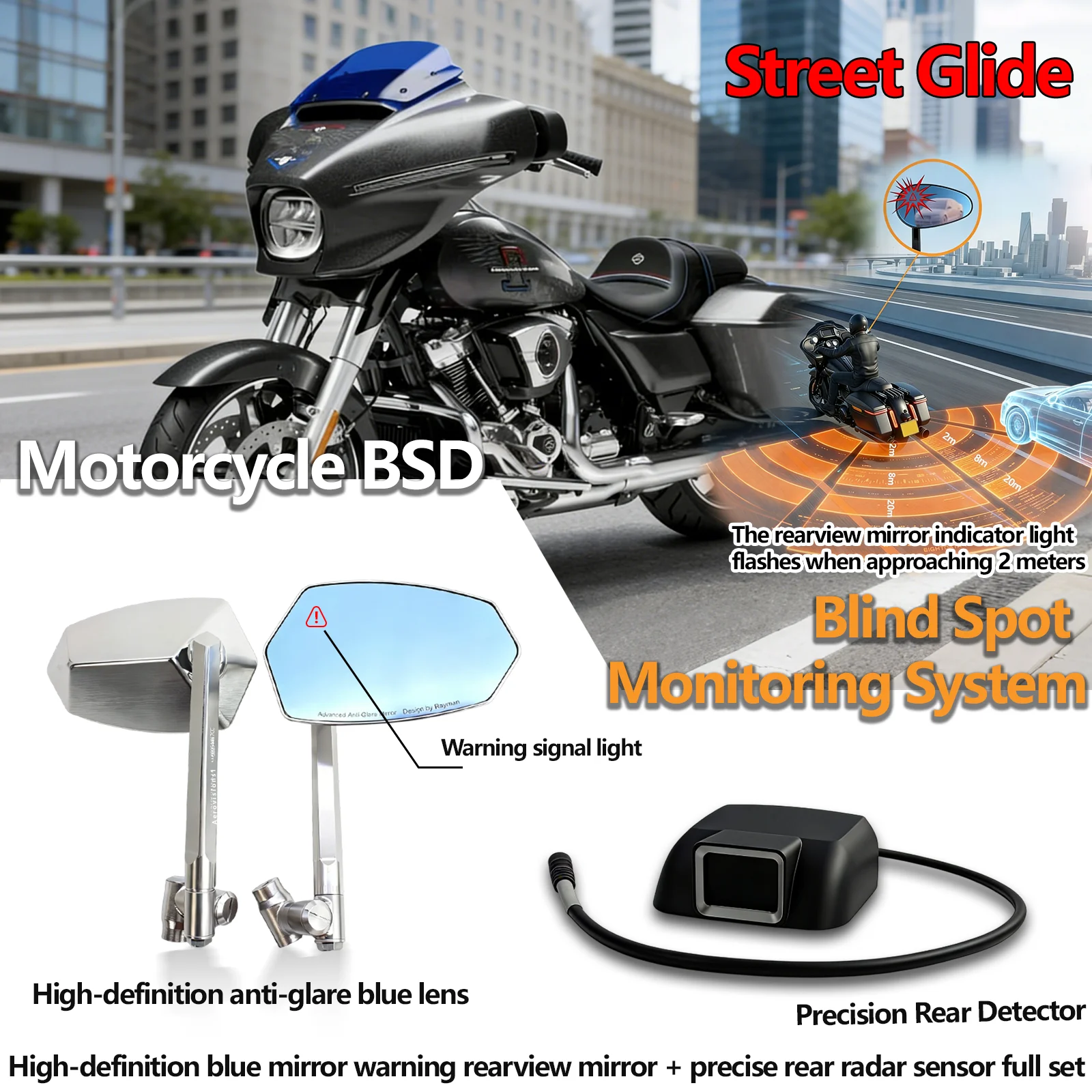 

For Street Glide 2026 high-definition radar rearview mirror with anti-glare design and equipped with a precise rear sensor