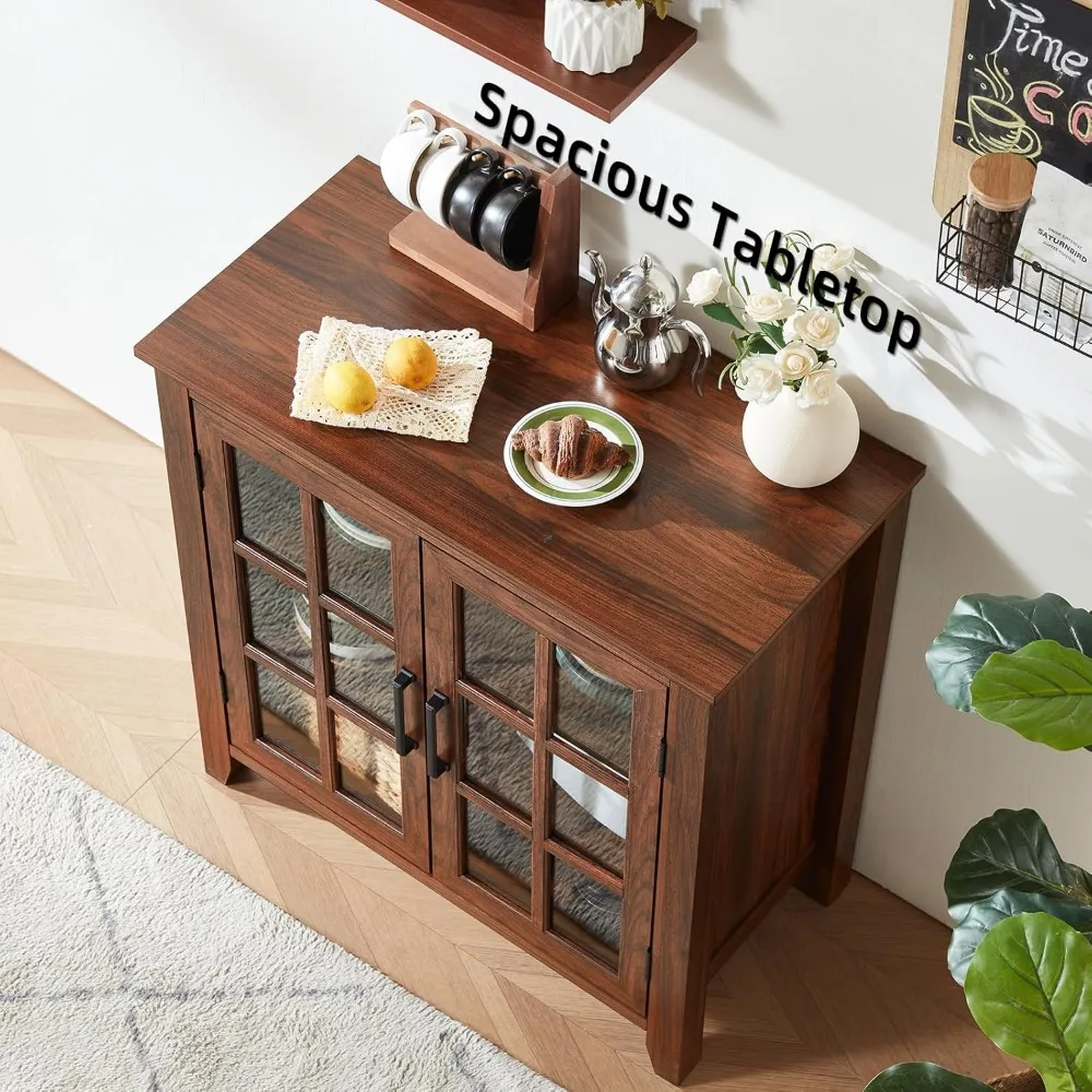 خزانة بوفيه جانبية كبيرة مع مساحة تخزين، 32 خزانة بار نبيذ للمطبخ باللون البني مع بابين زجاجيين، خشب متوسط السن