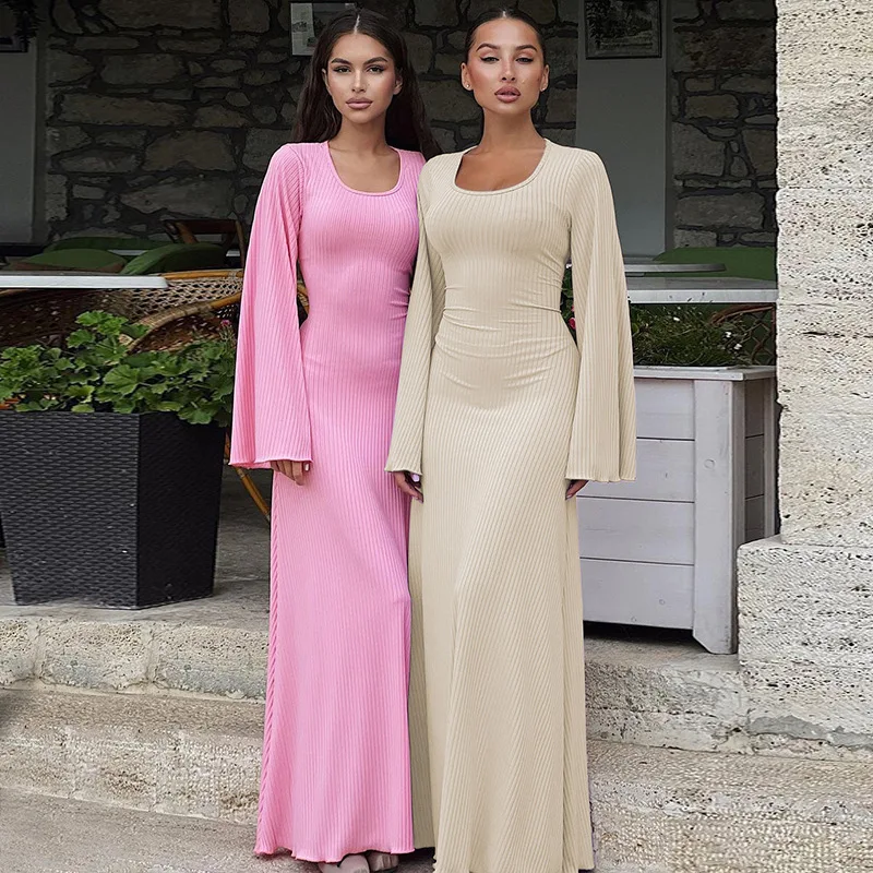 European and American Hot Girl Style Solid Color Bell Sleeve Dress Women's Dignified Sense of Design Lace-up Waist-Controlled Sl
