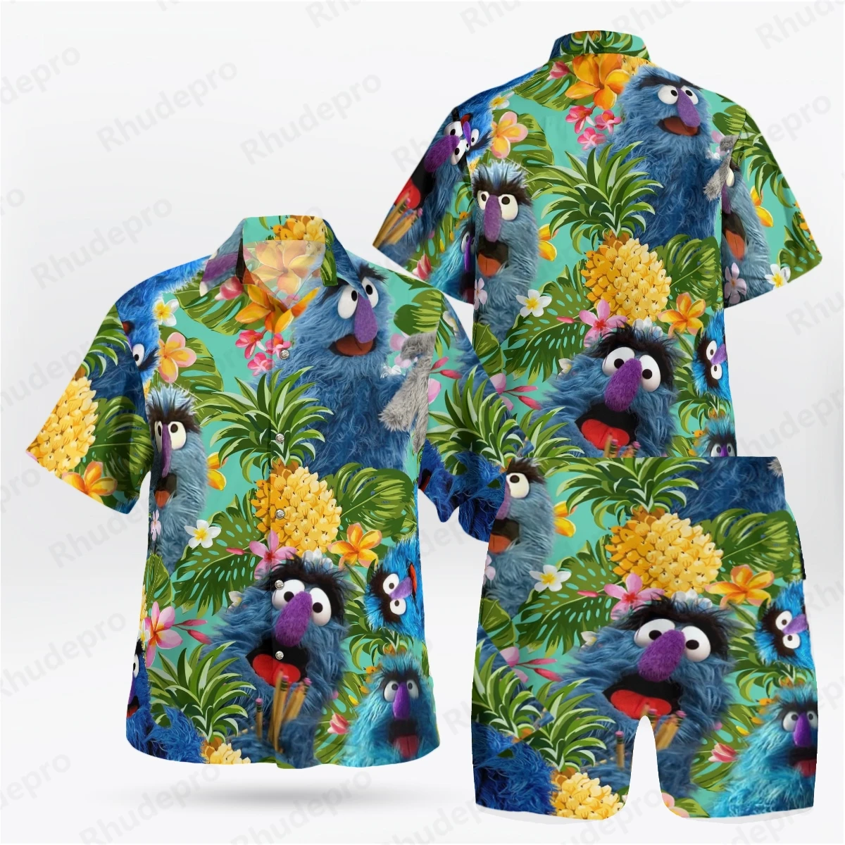 

Disney Harajuku Anime 3D Elmo Mens Shirt Set Hawaii Mens Short Sleeve 2-piece Set Summer Men's Shirt Shire Chemistry Homme