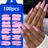 100pcs PINK Artificial Finger Nail Set Full Cover Long Ballerina Fake Nails Fake False Press On Long Coffin Fingernail 10 sizes