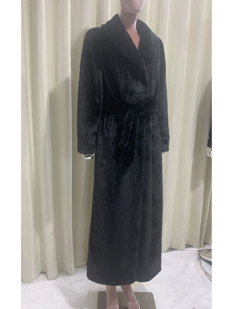 

Winter Extra Long Elegant Luxury Thick Warm Flowy Soft Black Faux Rabbit Fur Coat Women Shawl Collar Maxi Furry Overcoat 2025