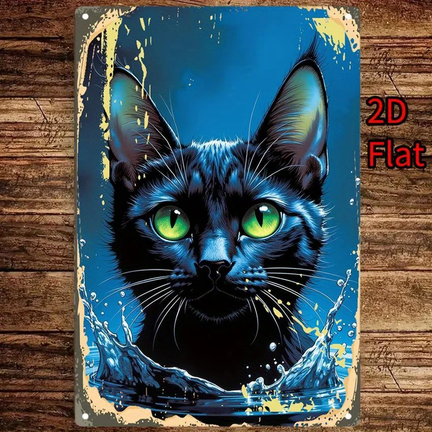 Vintage Iron Metal Wall Art Sign - Black Cat with Green Eyes Emerging from Water,  Frameless Hanging Decor for Indoor/Outdoor,