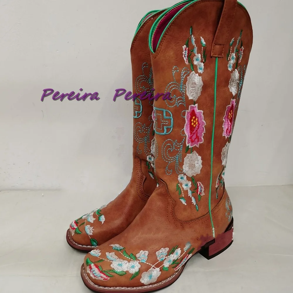 New Embroidered Colorful Flower Boots Mid-Calf Brown Pointed Toe Square Heel Fashion Cowboy Style Low Heel Winter Outwear Shoes