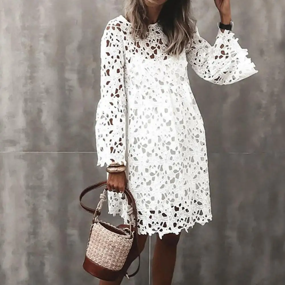 Two Pieces Set Women Sling Dress Cover-Up Set Lace Flare Sleeve Women Autumn Dress See Through Tunic Dress Sets White