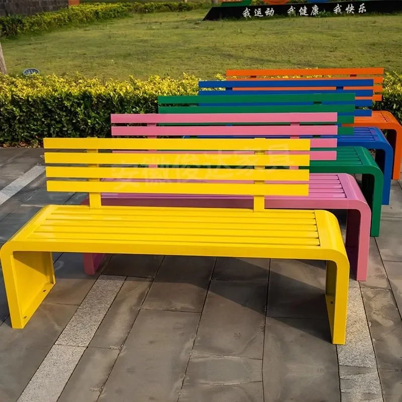 Stainless Steel Outdoor Park Bench with Preservative Wood Plastic Composite Seat Durable Iron Frame for Courtyard Community