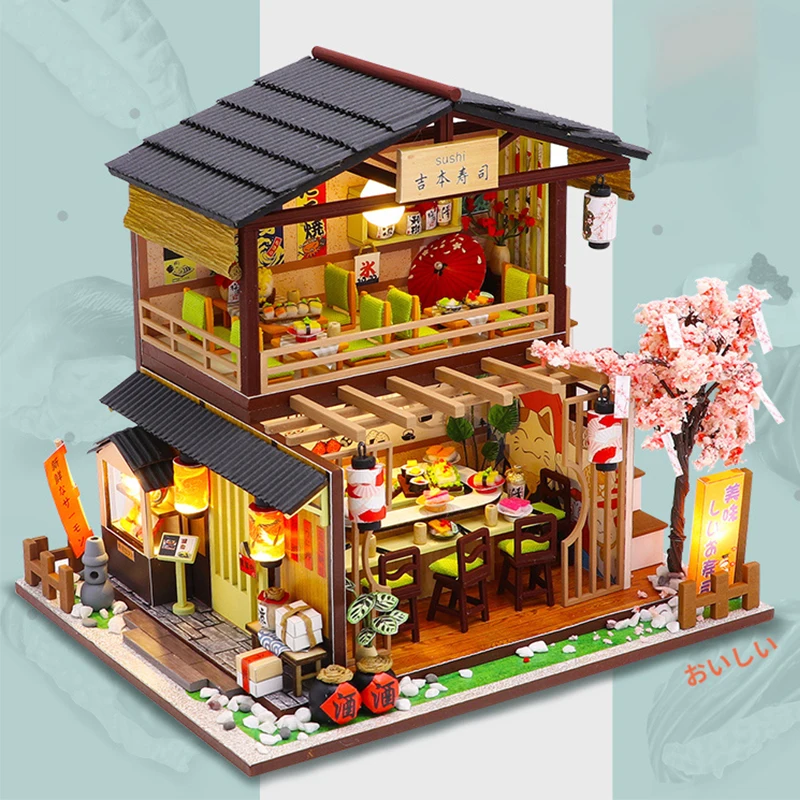 DIY Houten Miniatuur Model Kit Japanse Sushi Winkel Casa Poppenhuizen 3D Puzzel Poppenhuis Met Meubelverlichting voor Vrienden Geschenken