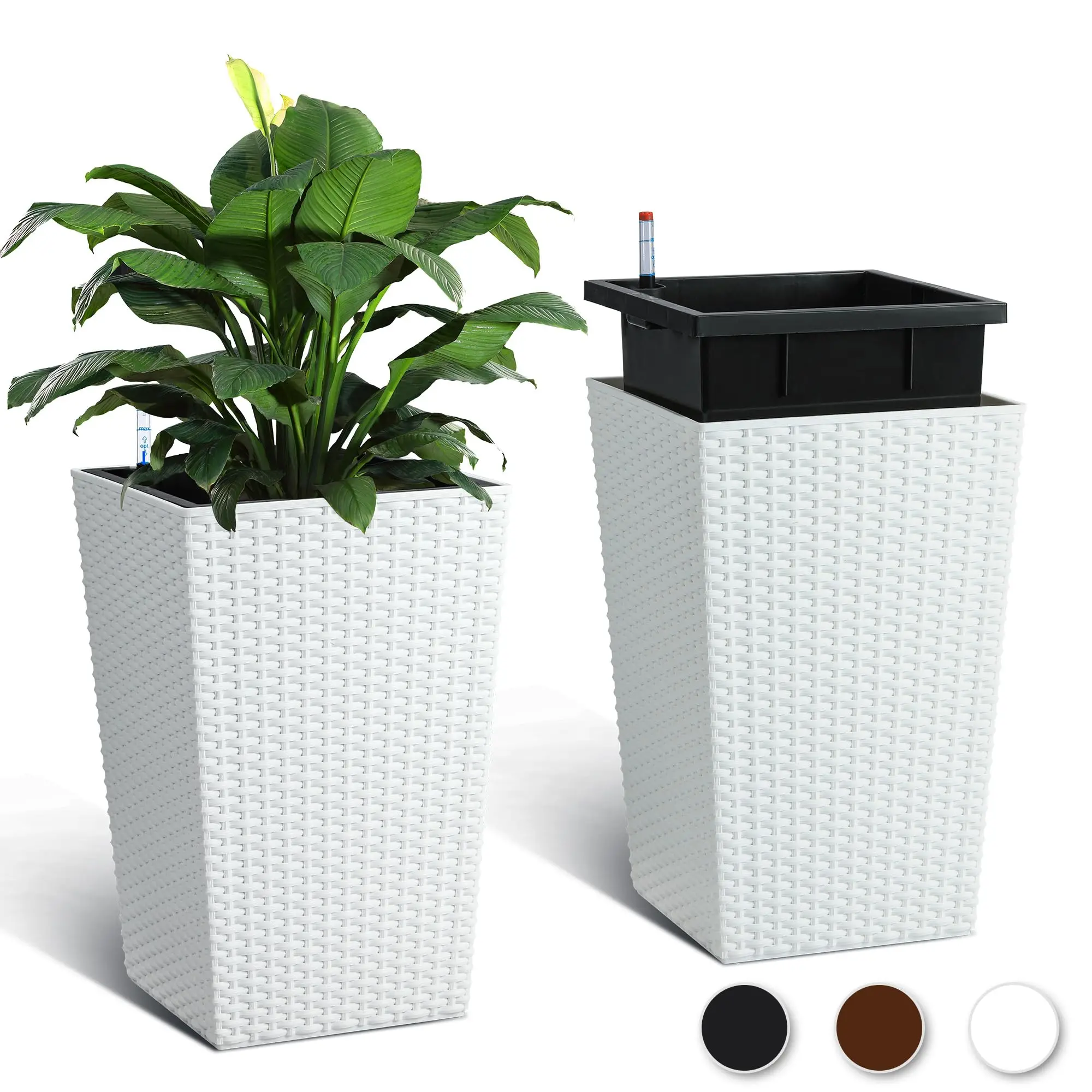

16 Inch Tall Planter Set of 2 Large Rattan Flower Pot with 2 Trays & a Water Level Monitor & Wheels Outdoor and Indoor for Patio
